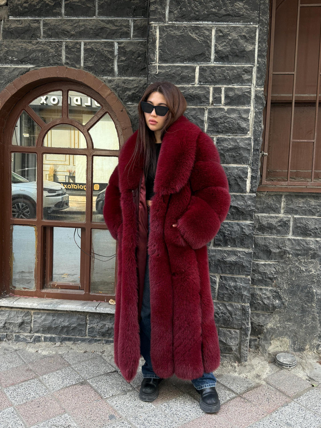 Long Burgundy Fox Fur Coat, Unisex Luxury Winter Fox Fur Jacket