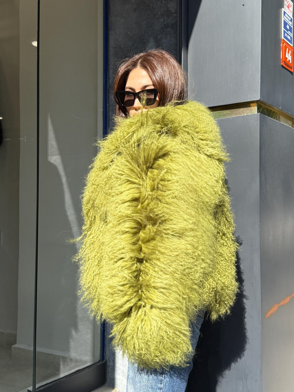 Women’s Green Tibetan Fur Coat, Handmade Shaggy Mongolian Lamb Fur Jacket