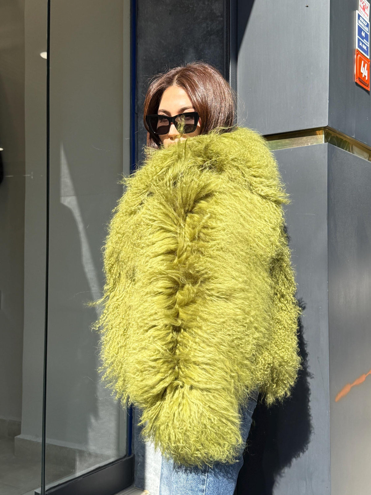 Women’s Green Tibetan Fur Coat, Handmade Shaggy Mongolian Lamb Fur Jacket