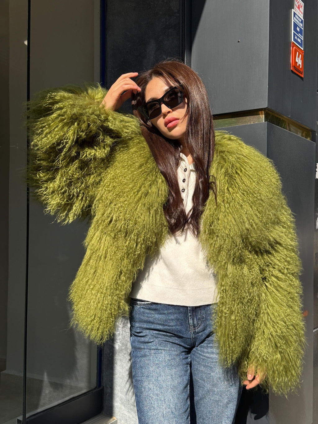 Women’s Green Tibetan Fur Coat, Handmade Shaggy Mongolian Lamb Fur Jacket