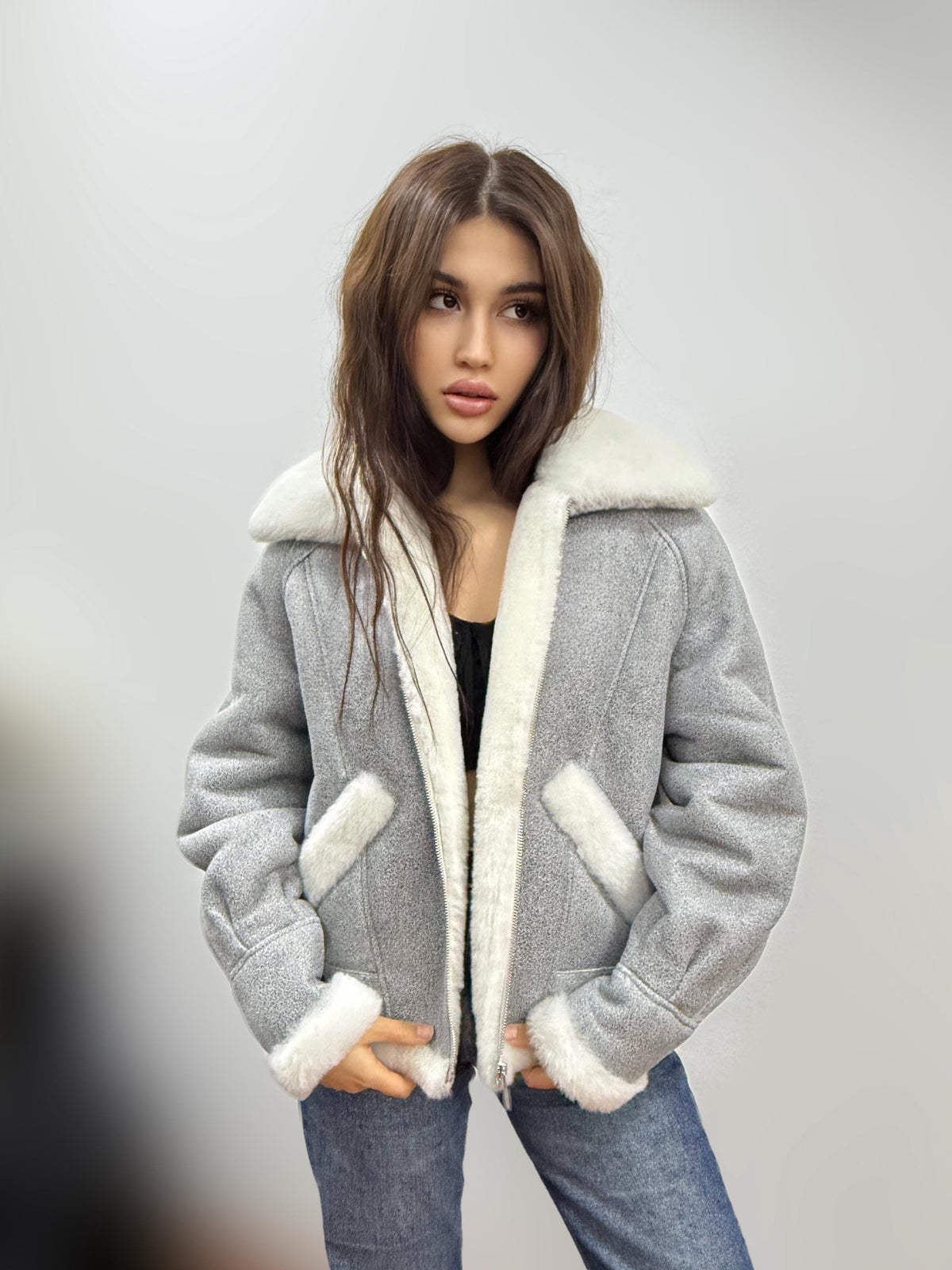 Gray Women’s Shearling Coat, Handmade Short Lamb Fur Jacket