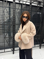 Beige Short Alpaca Wool Coat, Women Fox Fur Jacket, Cuffs Fox Fur Jacket,. Beige Fox Fur. - Soft Fox Fur