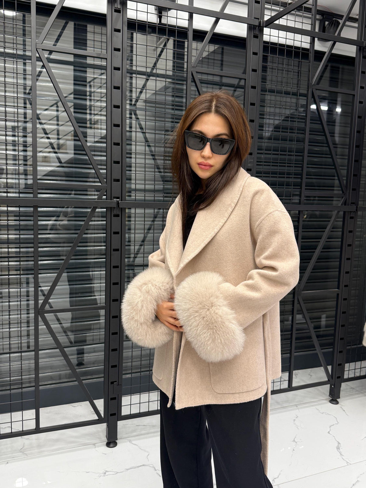 Beige Short Alpaca Wool Coat, Women Fox Fur Jacket, Cuffs Fox Fur Jacket,. Beige Fox Fur. - Soft Fox Fur