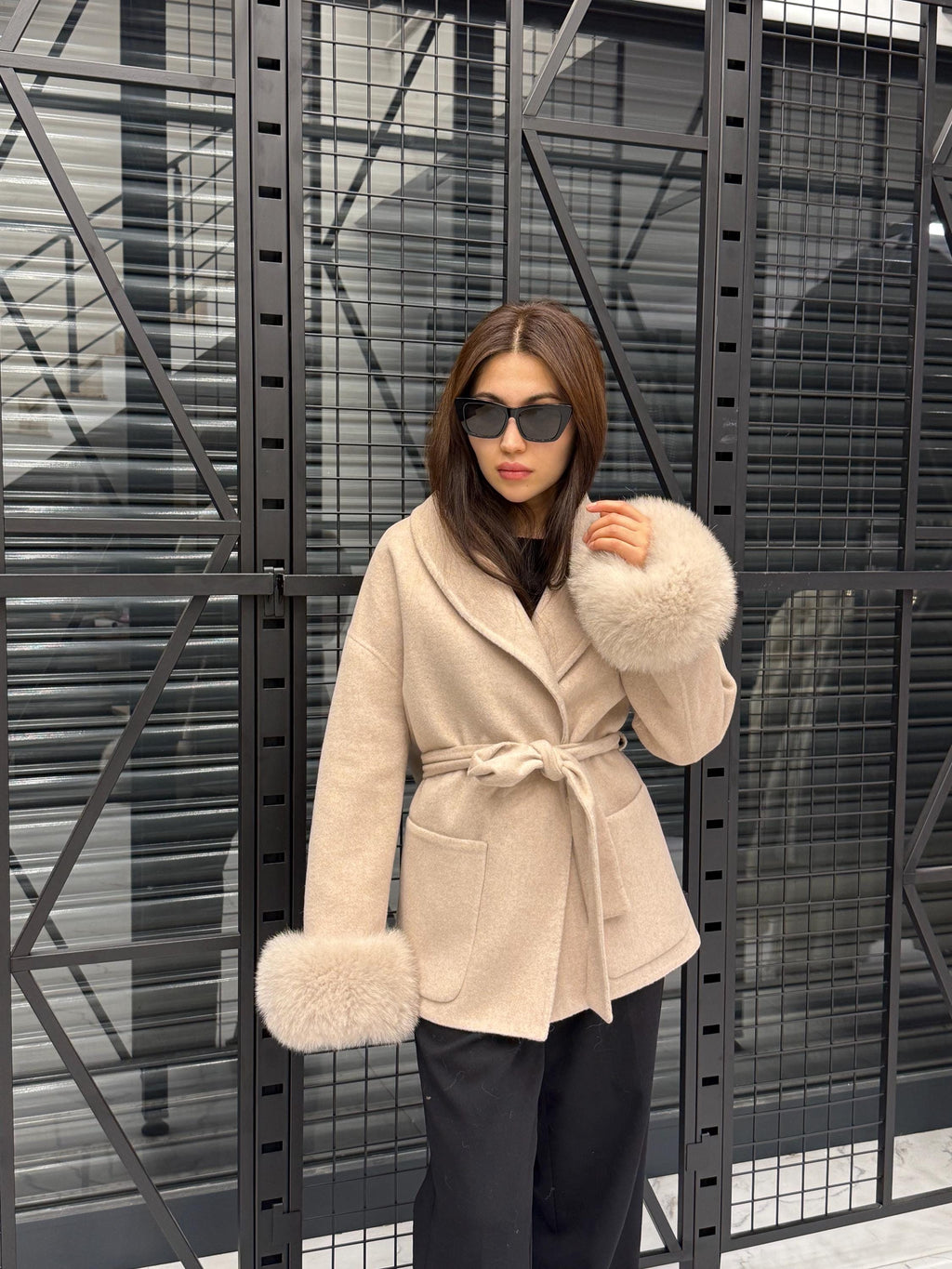 Beige Short Alpaca Wool Coat, Women Fox Fur Jacket, Cuffs Fox Fur Jacket,. Beige Fox Fur. - Soft Fox Fur
