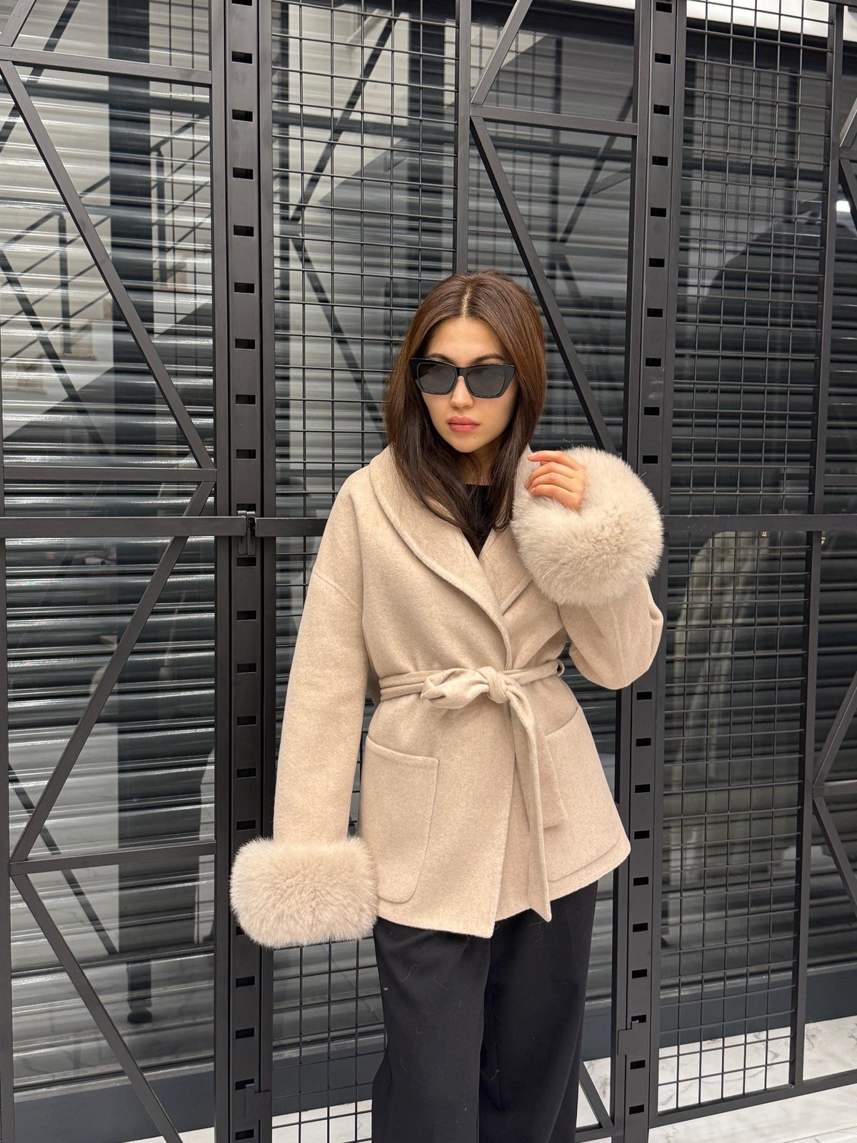 Beige Short Alpaca Wool Coat, Women Fox Fur Jacket, Cuffs Fox Fur Jacket,. Beige Fox Fur. - Soft Fox Fur