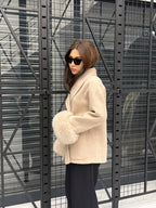 Beige Short Alpaca Wool Coat, Women Fox Fur Jacket, Cuffs Fox Fur Jacket,. Beige Fox Fur. - Soft Fox Fur