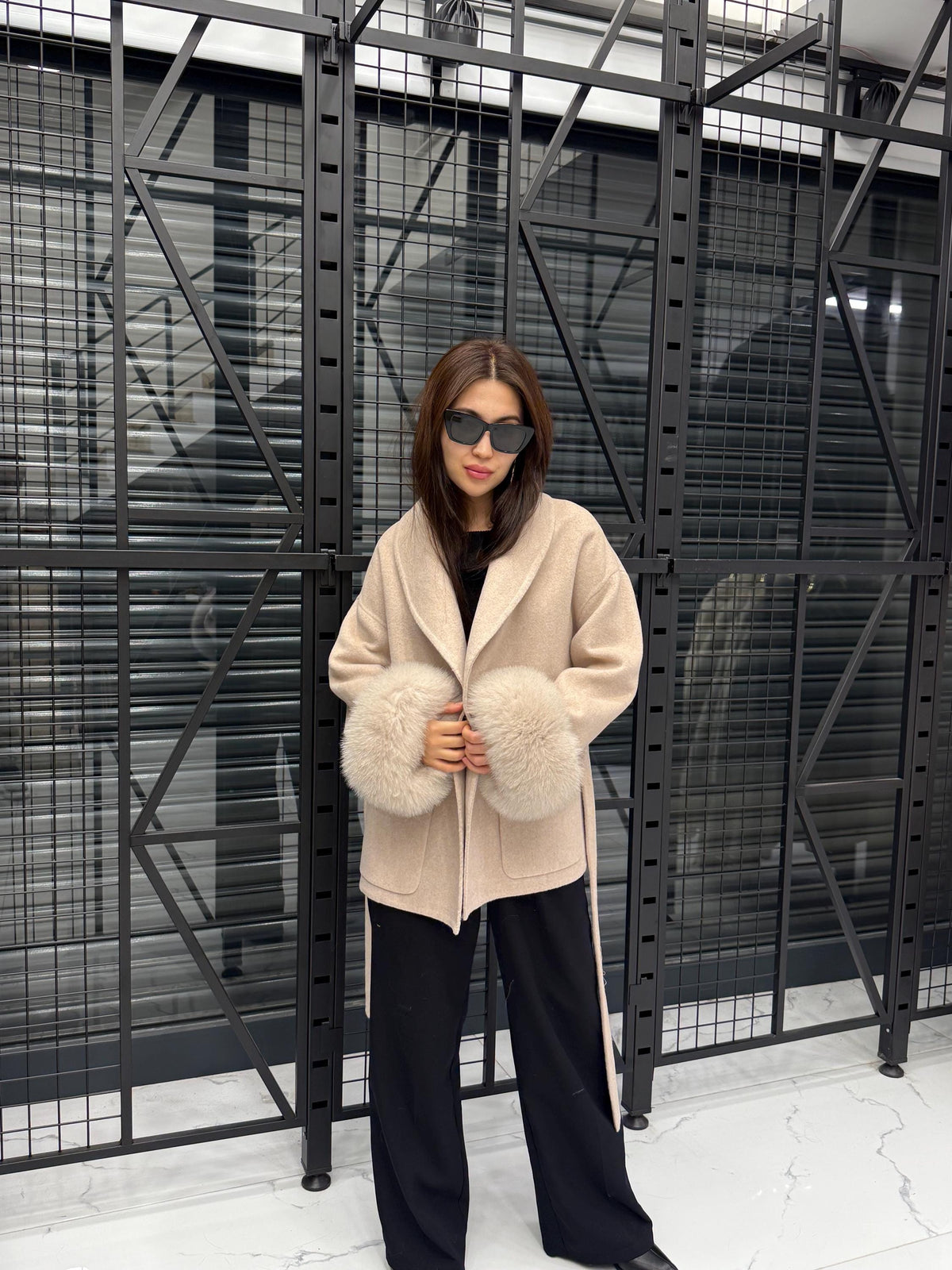 Beige Short Alpaca Wool Coat, Women Fox Fur Jacket, Cuffs Fox Fur Jacket,. Beige Fox Fur. - Soft Fox Fur