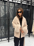 Beige Short Alpaca Wool Coat, Women Fox Fur Jacket, Cuffs Fox Fur Jacket,. Beige Fox Fur. - Soft Fox Fur