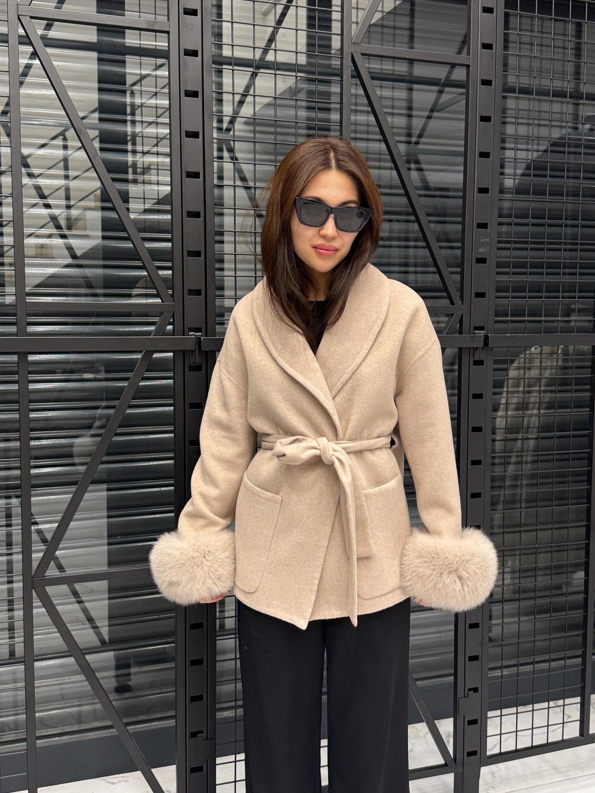 Beige Short Alpaca Wool Coat, Women Fox Fur Jacket, Cuffs Fox Fur Jacket,. Beige Fox Fur. - Soft Fox Fur