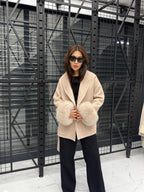 Beige Short Alpaca Wool Coat, Women Fox Fur Jacket, Cuffs Fox Fur Jacket,. Beige Fox Fur. - Soft Fox Fur