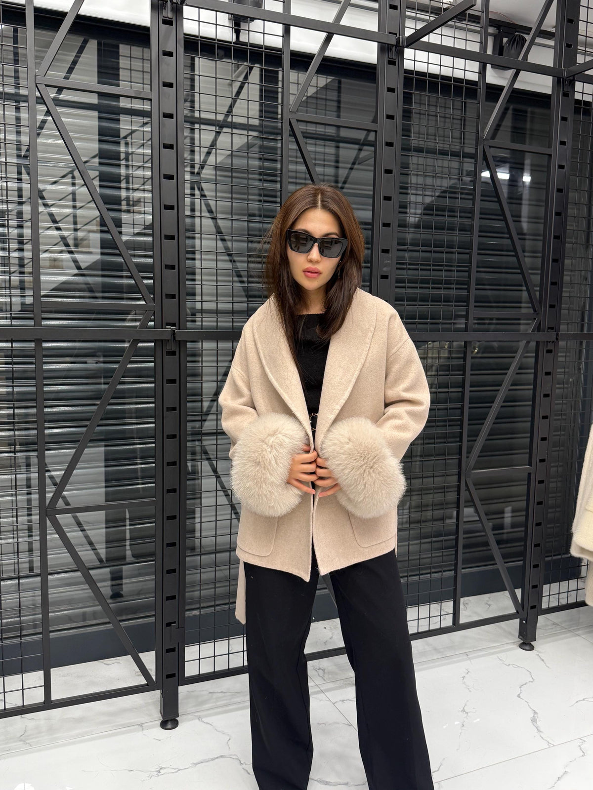 Beige Short Alpaca Wool Coat, Women Fox Fur Jacket, Cuffs Fox Fur Jacket,. Beige Fox Fur. - Soft Fox Fur