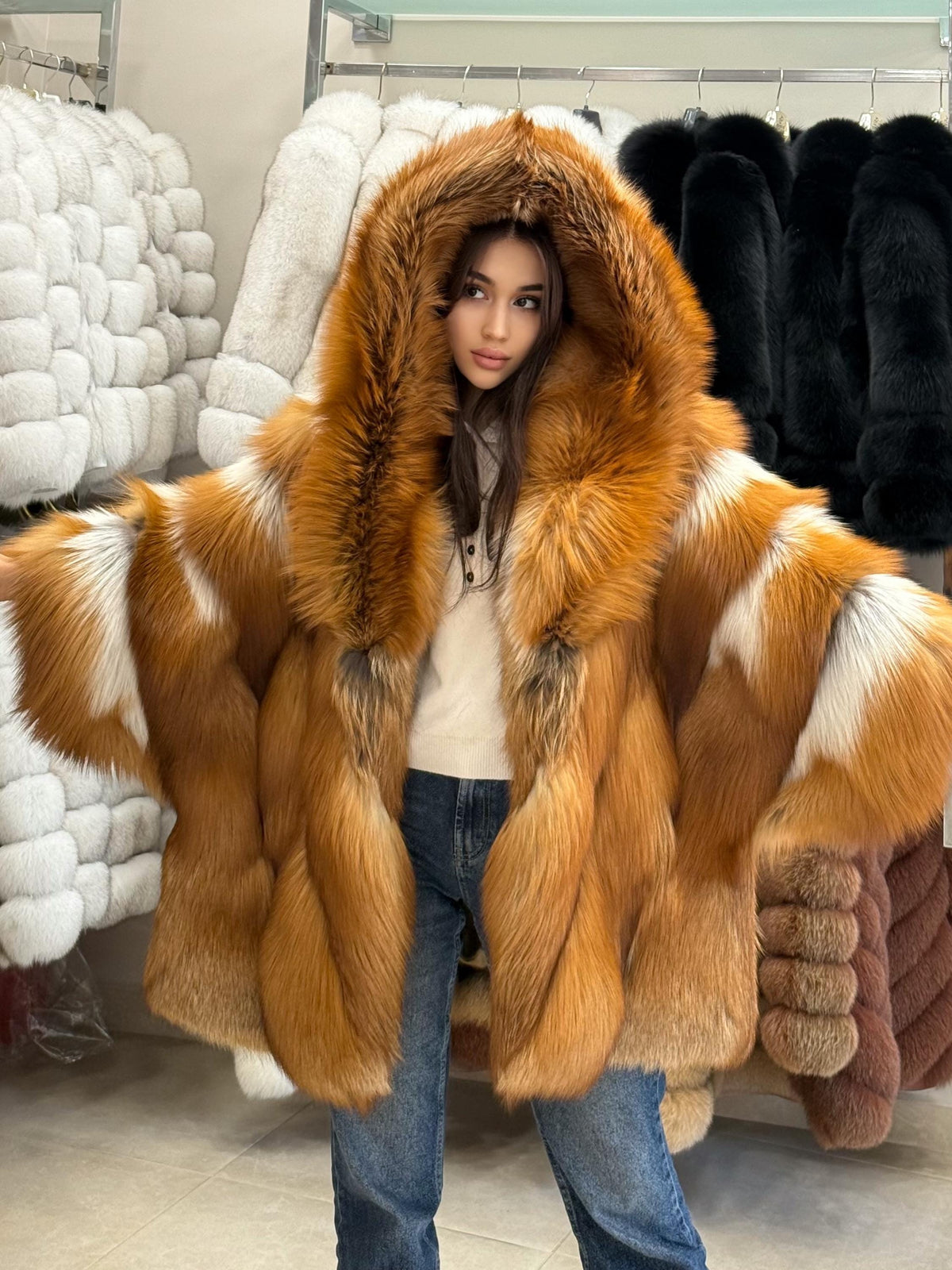 Women’s Golden Red Fox Fur Jacket - Luxury Winter Hooded Gold Fox Fur Cape