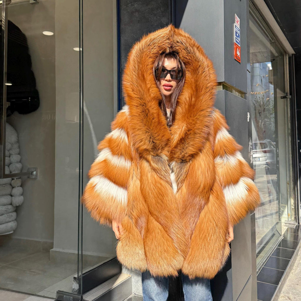 Women’s Golden Red Fox Fur Jacket - Luxury Winter Hooded Gold Fox Fur Cape