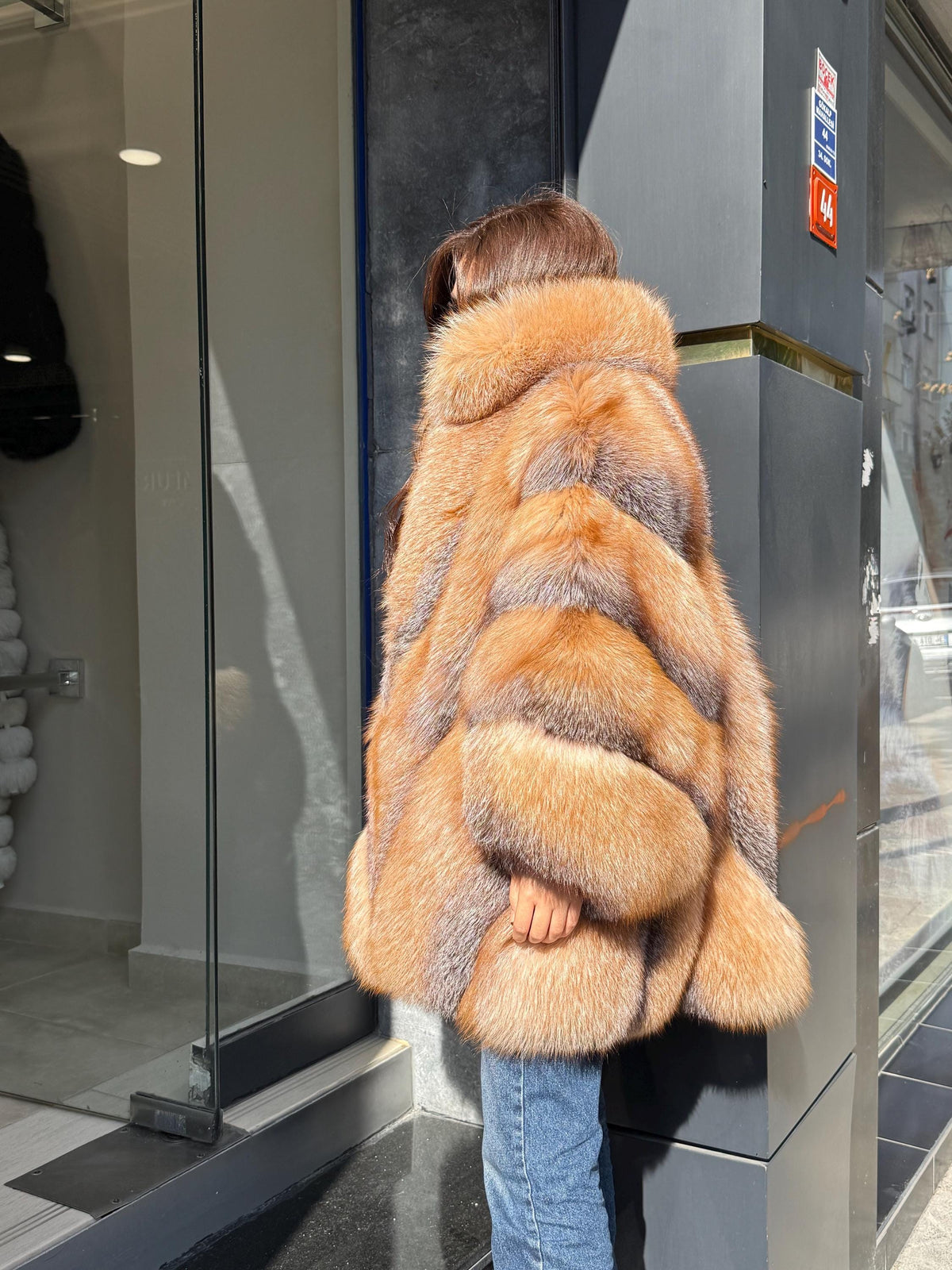 Women’s Frost Fox Fur Jacket - Luxury Handmade Winter Red Frost Fur Belted Cape Coat