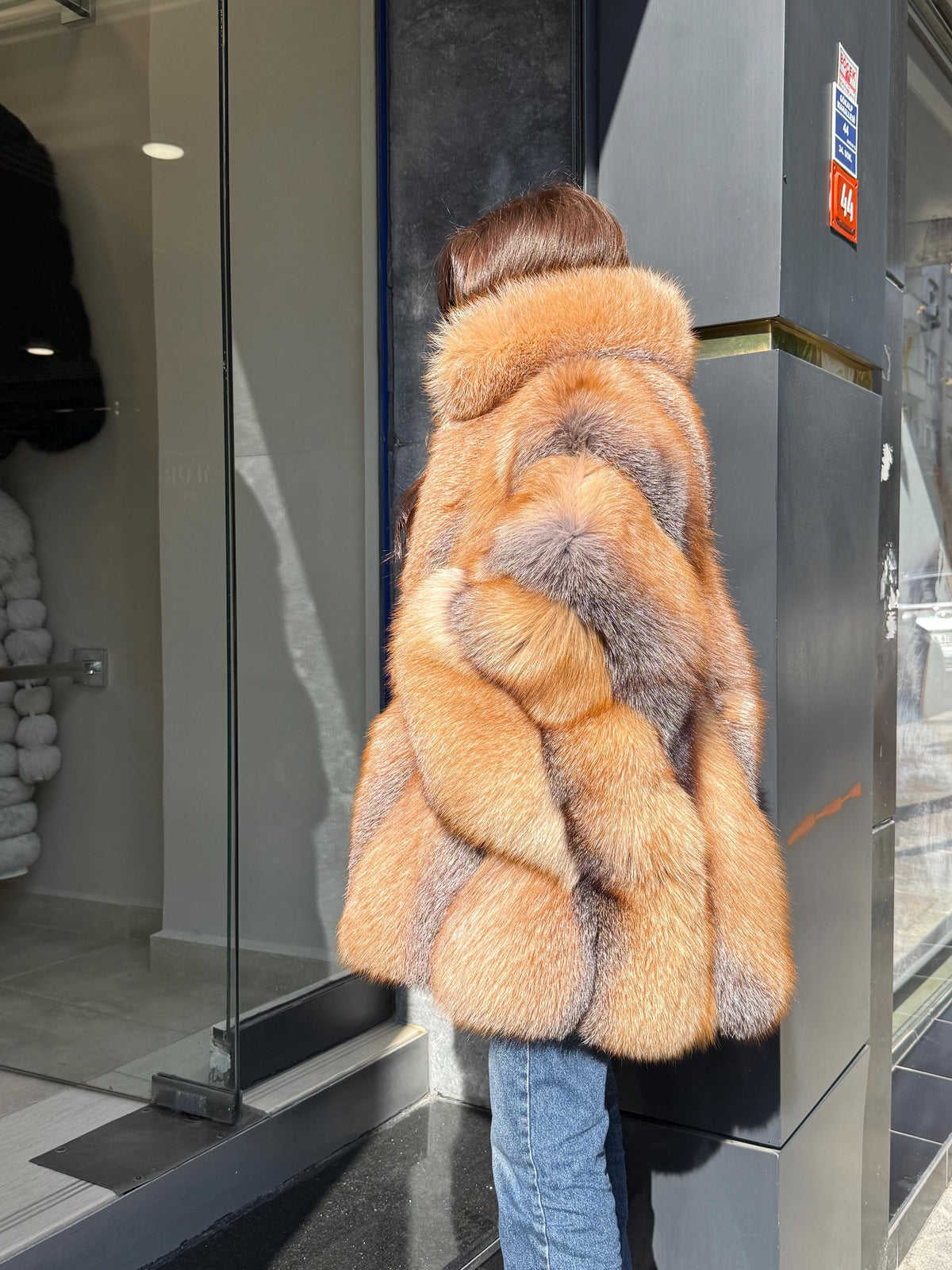 Women’s Frost Fox Fur Jacket - Luxury Handmade Winter Red Frost Fur Belted Cape Coat