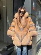 Women’s Frost Fox Fur Jacket - Luxury Handmade Winter Red Frost Fur Belted Cape Coat