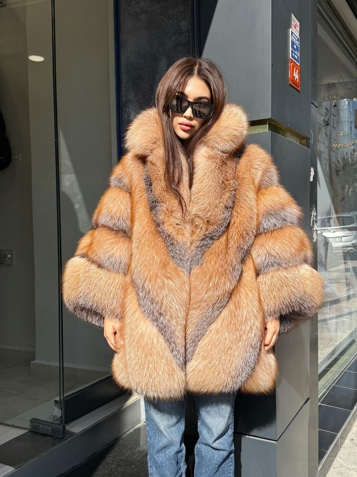 Women’s Frost Fox Fur Jacket - Luxury Handmade Winter Red Frost Fur Belted Cape Coat