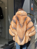 Women’s Frost Fox Fur Jacket - Luxury Handmade Winter Red Frost Fur Belted Cape Coat
