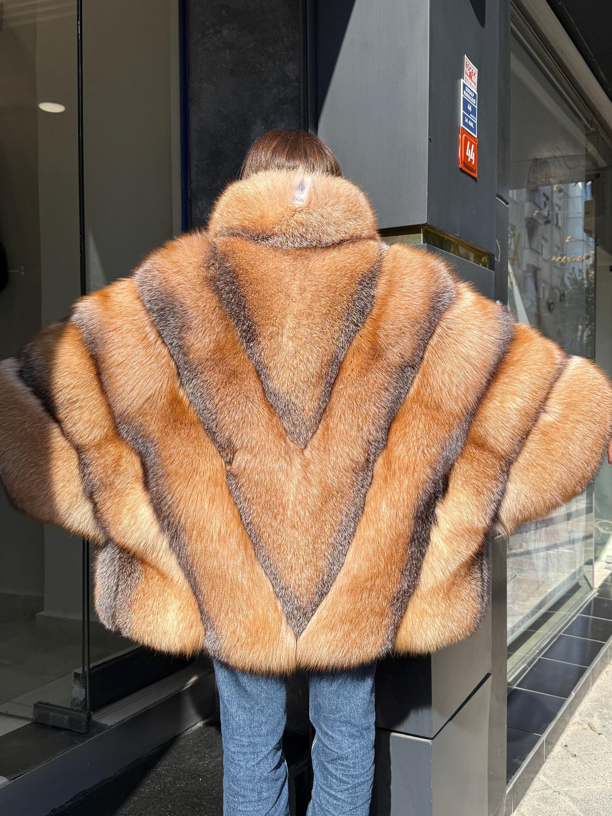 Women’s Frost Fox Fur Jacket - Luxury Handmade Winter Red Frost Fur Belted Cape Coat