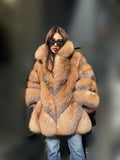 Women’s Frost Fox Fur Jacket - Luxury Handmade Winter Red Frost Fur Belted Cape Coat