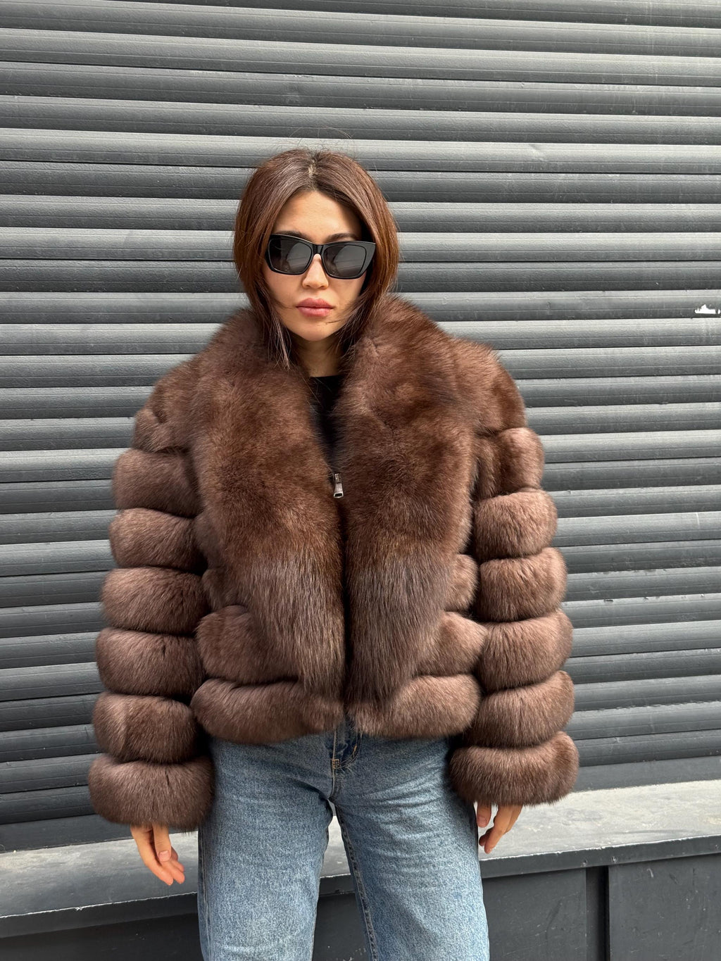 Mink Brown Fox Fur Jacket: Short With Detachable Sleeves Fox Fur Coat, Women Fox Fur Jacket.. Soft Fox Fur