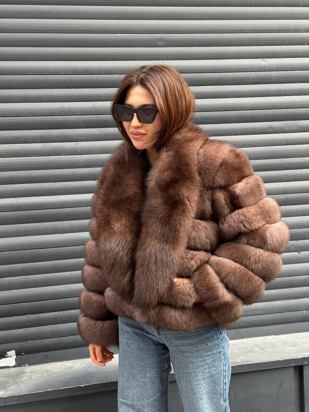 Mink Brown Fox Fur Jacket: Short With Detachable Sleeves Fox Fur Coat, Women Fox Fur Jacket.. Soft Fox Fur