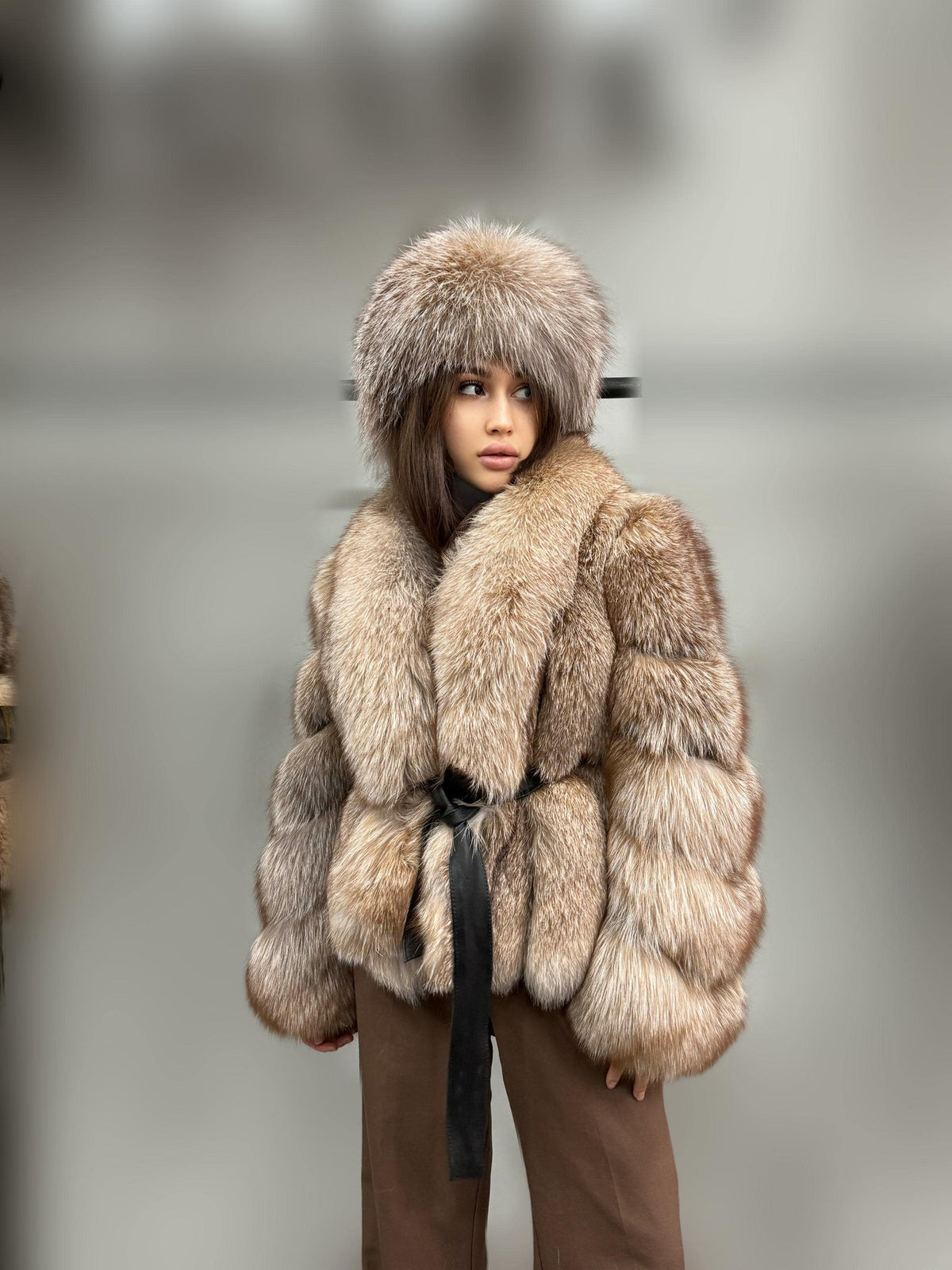 Women’s Caramel Beige Fox Fur Jacket, Luxury Belted Frost Fur Coat
