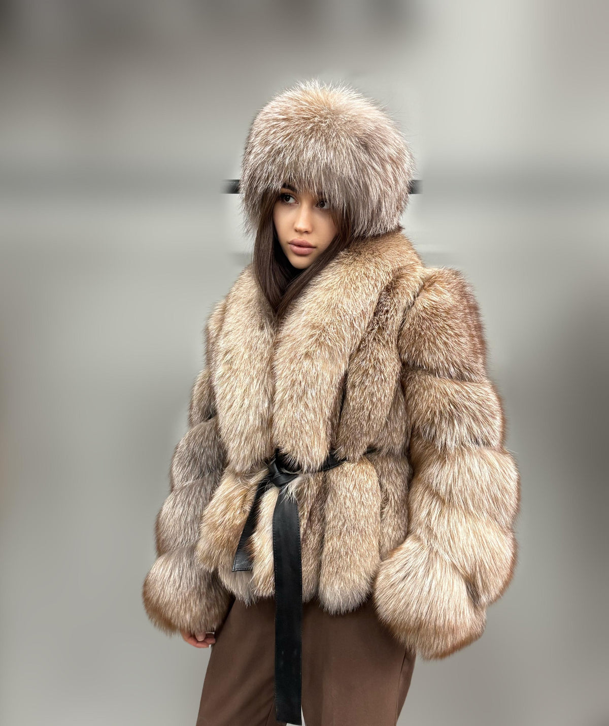Women’s Caramel Beige Fox Fur Jacket, Luxury Belted Frost Fur Coat