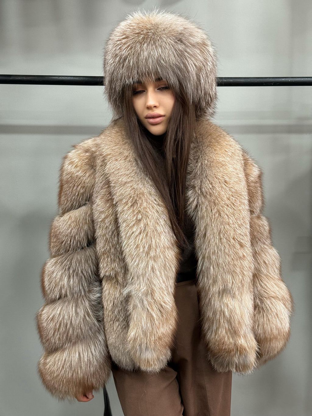 Women’s Caramel Beige Fox Fur Jacket, Luxury Belted Frost Fur Coat