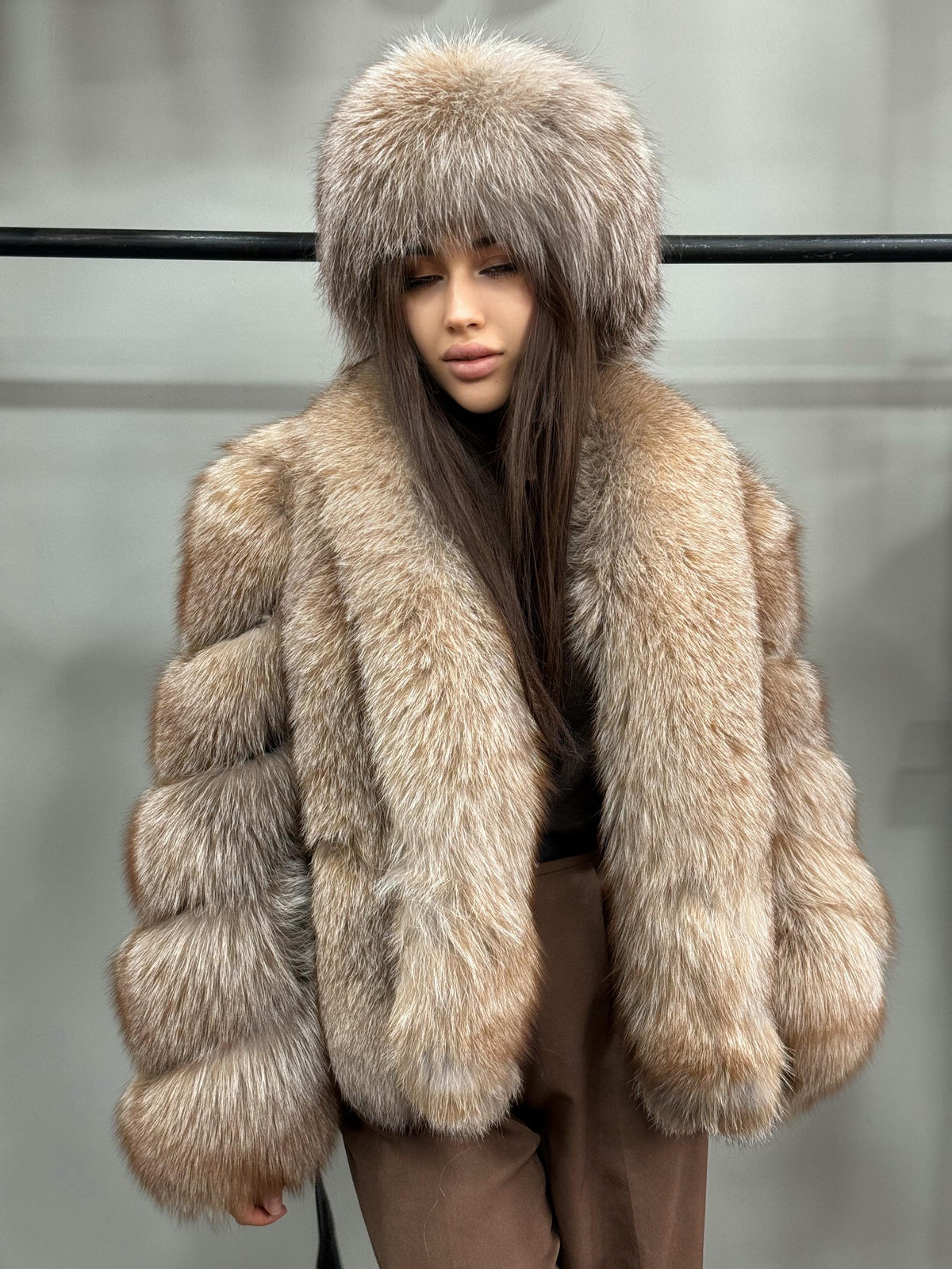 Women’s Caramel Beige Fox Fur Jacket, Luxury Belted Frost Fur Coat