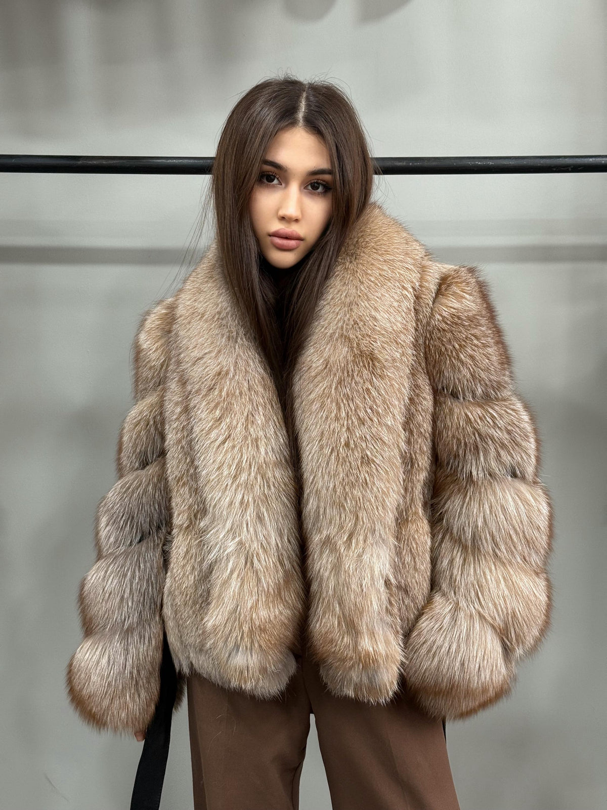 Women’s Caramel Beige Fox Fur Jacket, Luxury Belted Frost Fur Coat