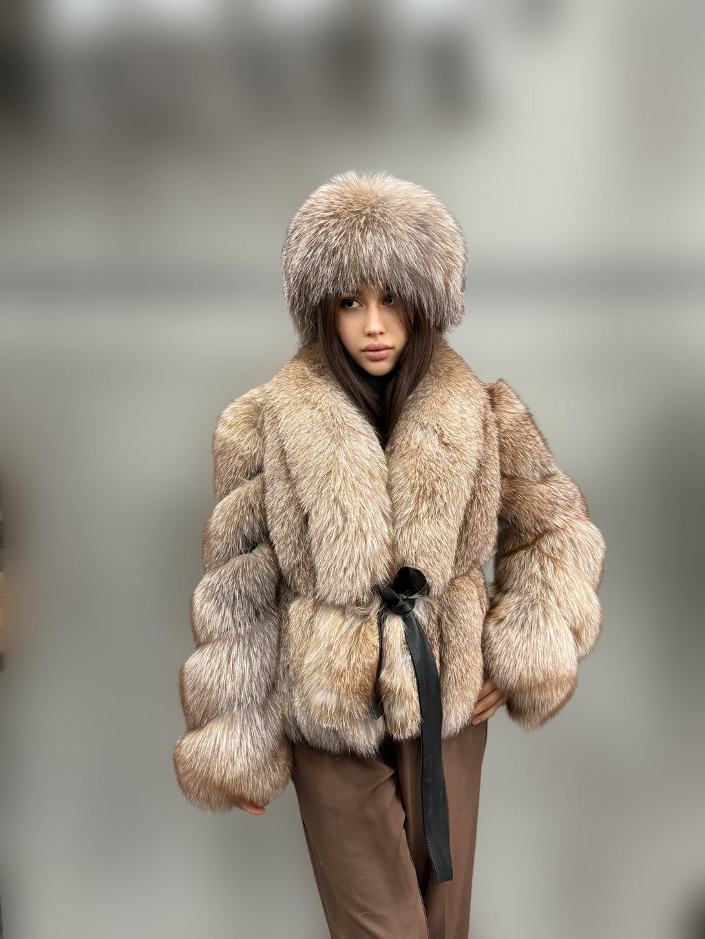Women’s Caramel Beige Fox Fur Jacket, Luxury Belted Frost Fur Coat