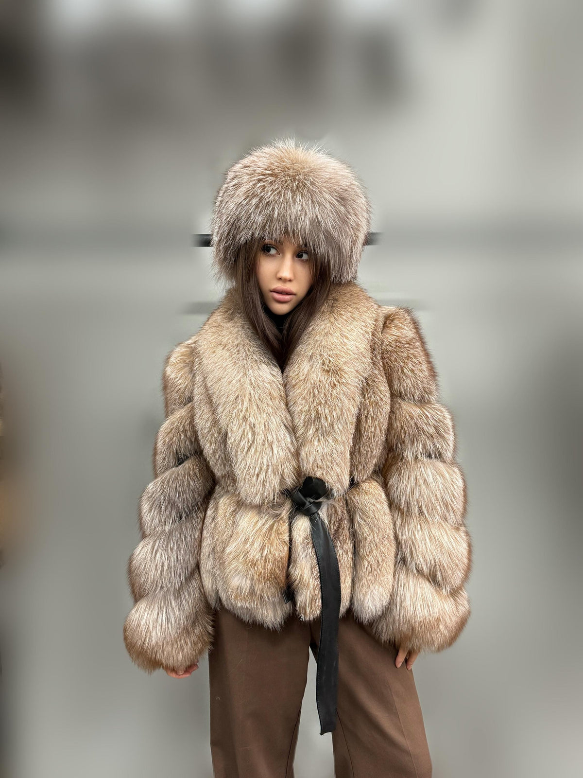 Women’s Caramel Beige Fox Fur Jacket, Luxury Belted Frost Fur Coat
