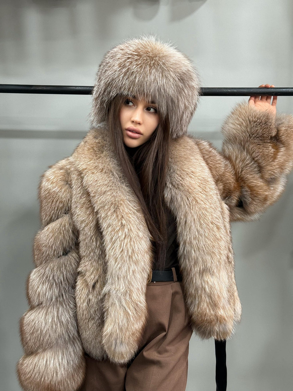 Women’s Caramel Beige Fox Fur Jacket, Luxury Belted Frost Fur Coat