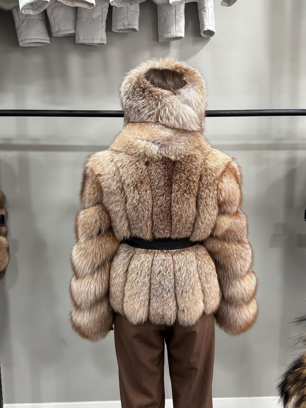 Women’s Caramel Beige Fox Fur Jacket, Luxury Belted Frost Fur Coat