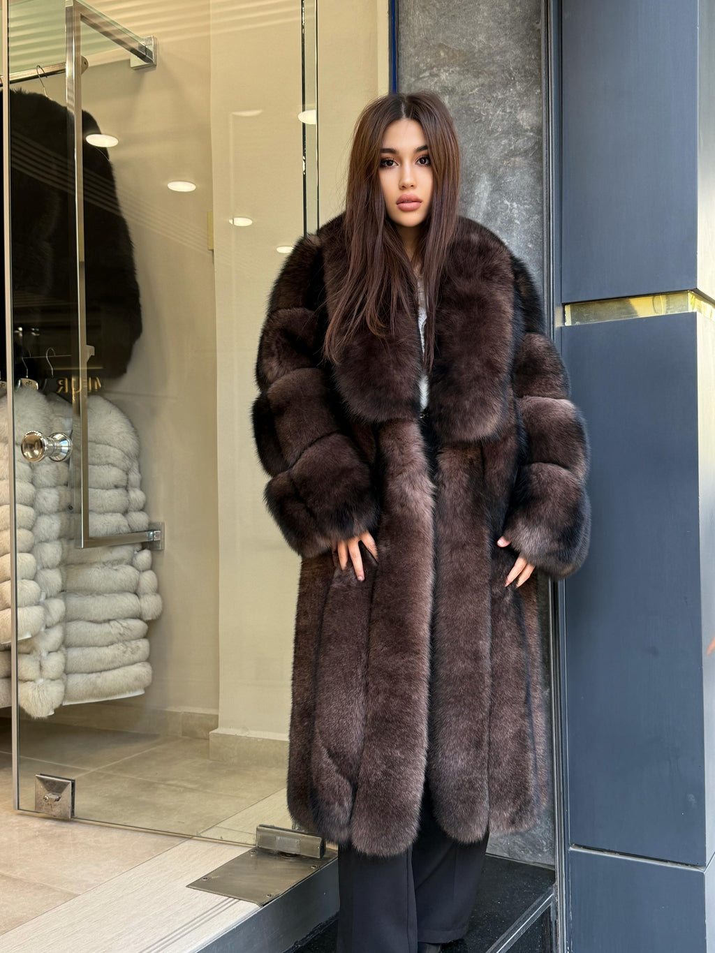 Women’s Long Brown Fox Fur Coat, Luxury Sable Color Fox Fur Jacket
