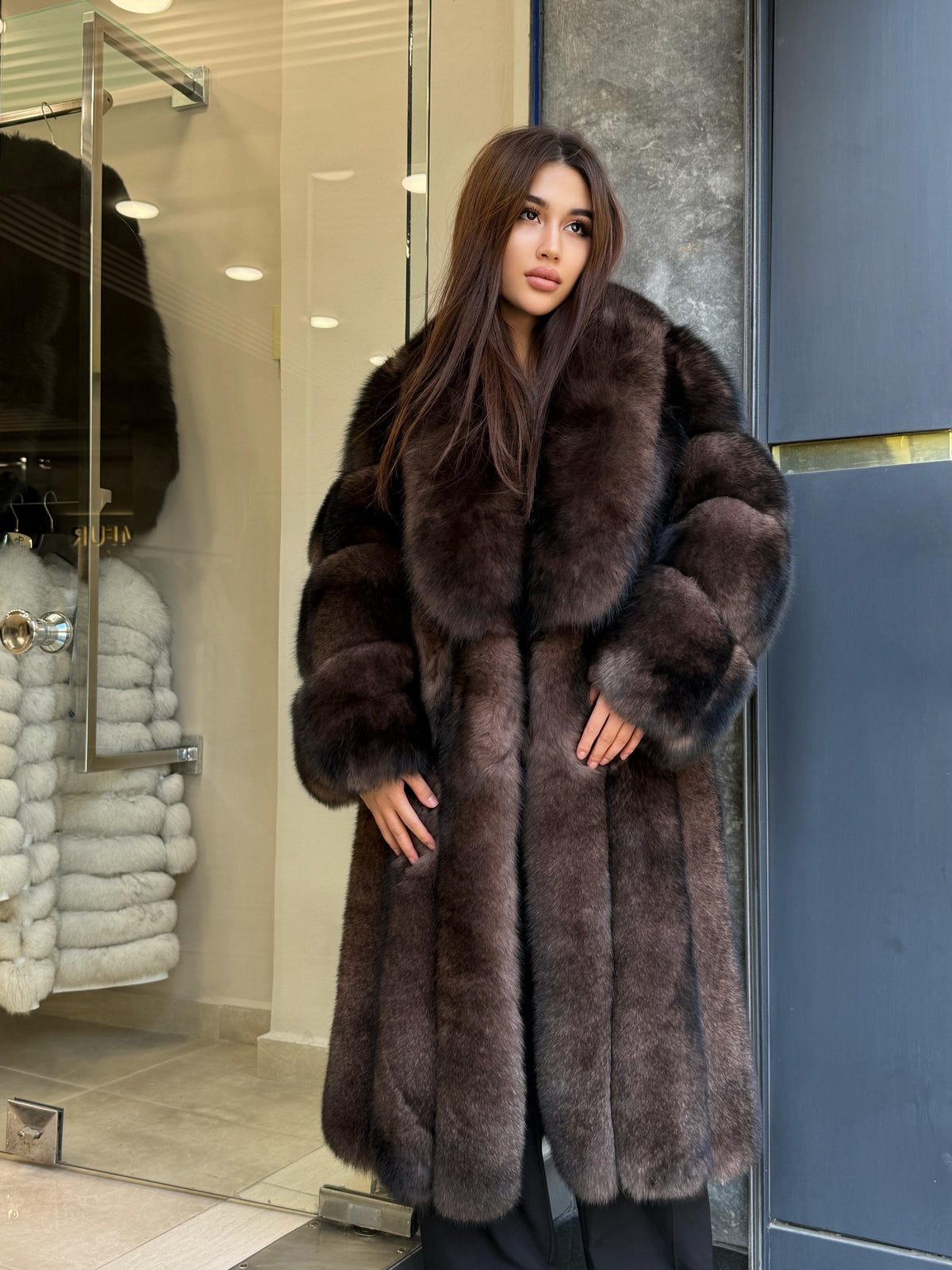 Women’s Long Brown Fox Fur Coat, Luxury Sable Color Fox Fur Jacket