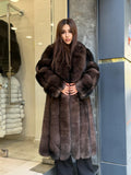 Women’s Long Brown Fox Fur Coat, Luxury Sable Color Fox Fur Jacket