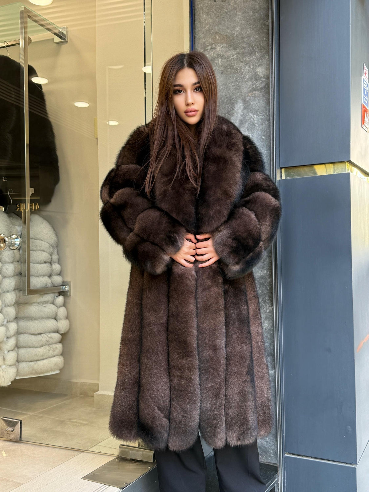 Women’s Long Brown Fox Fur Coat, Luxury Sable Color Fox Fur Jacket