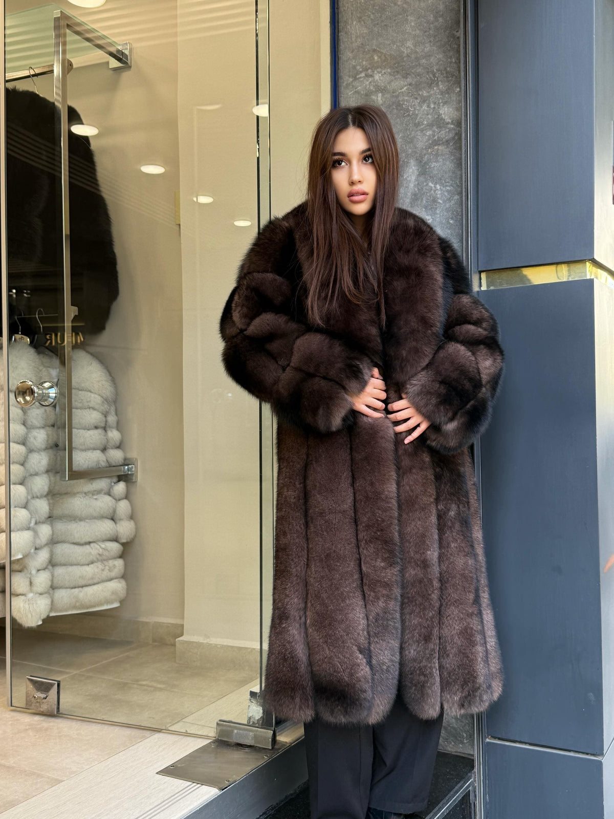 Women’s Long Brown Fox Fur Coat, Luxury Sable Color Fox Fur Jacket