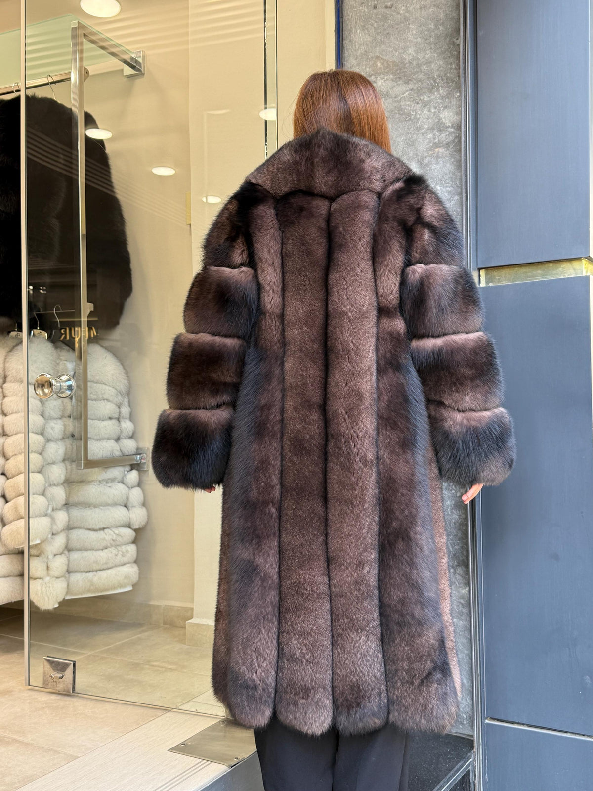 Women’s Long Brown Fox Fur Coat, Luxury Sable Color Fox Fur Jacket