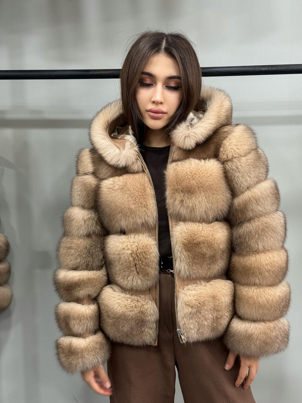 Women’s Caramel Beige Fox Fur Jacket, Luxury Hooded Short Fox Fur Coat