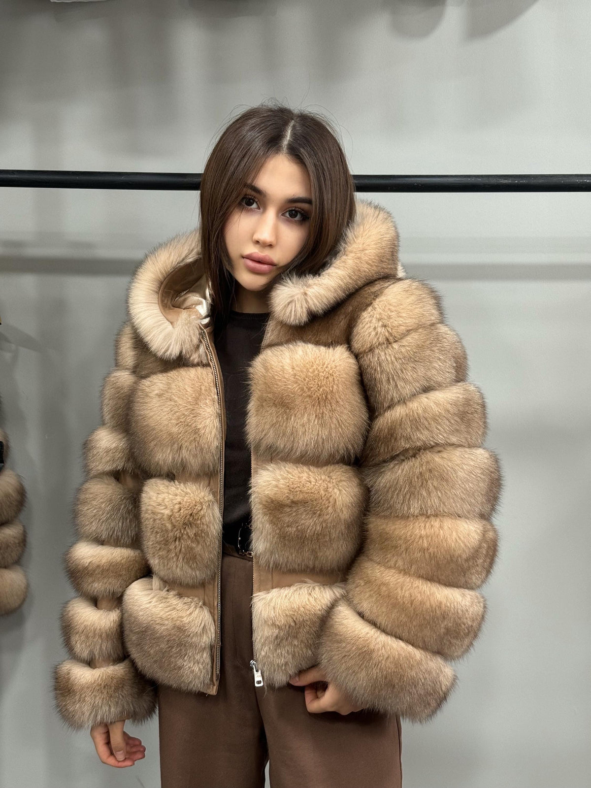 Women’s Caramel Beige Fox Fur Jacket, Luxury Hooded Short Fox Fur Coat