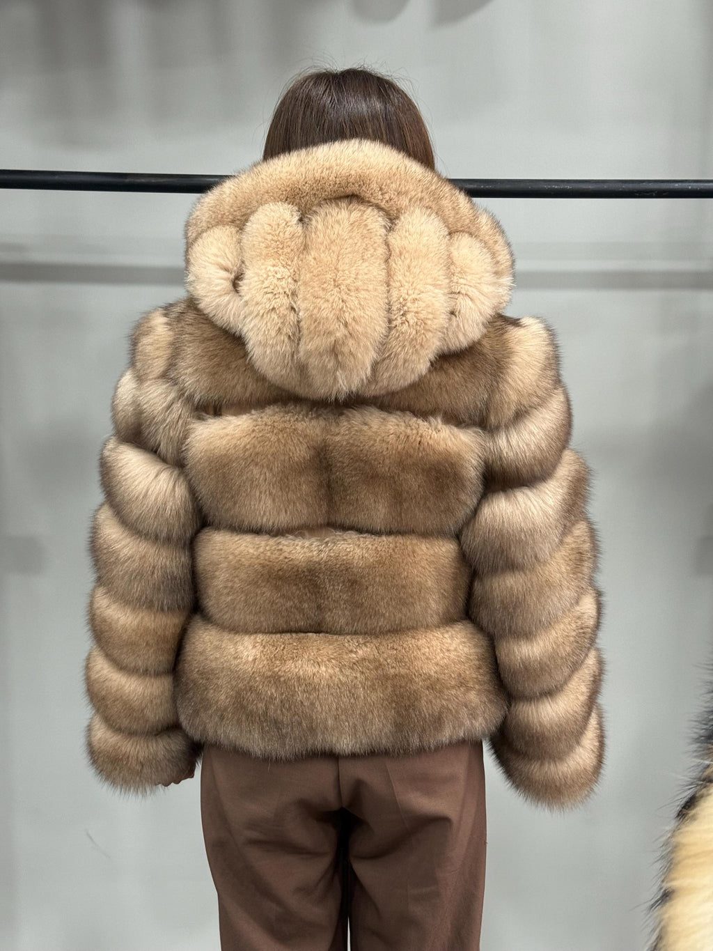 Women’s Caramel Beige Fox Fur Jacket, Luxury Hooded Short Fox Fur Coat