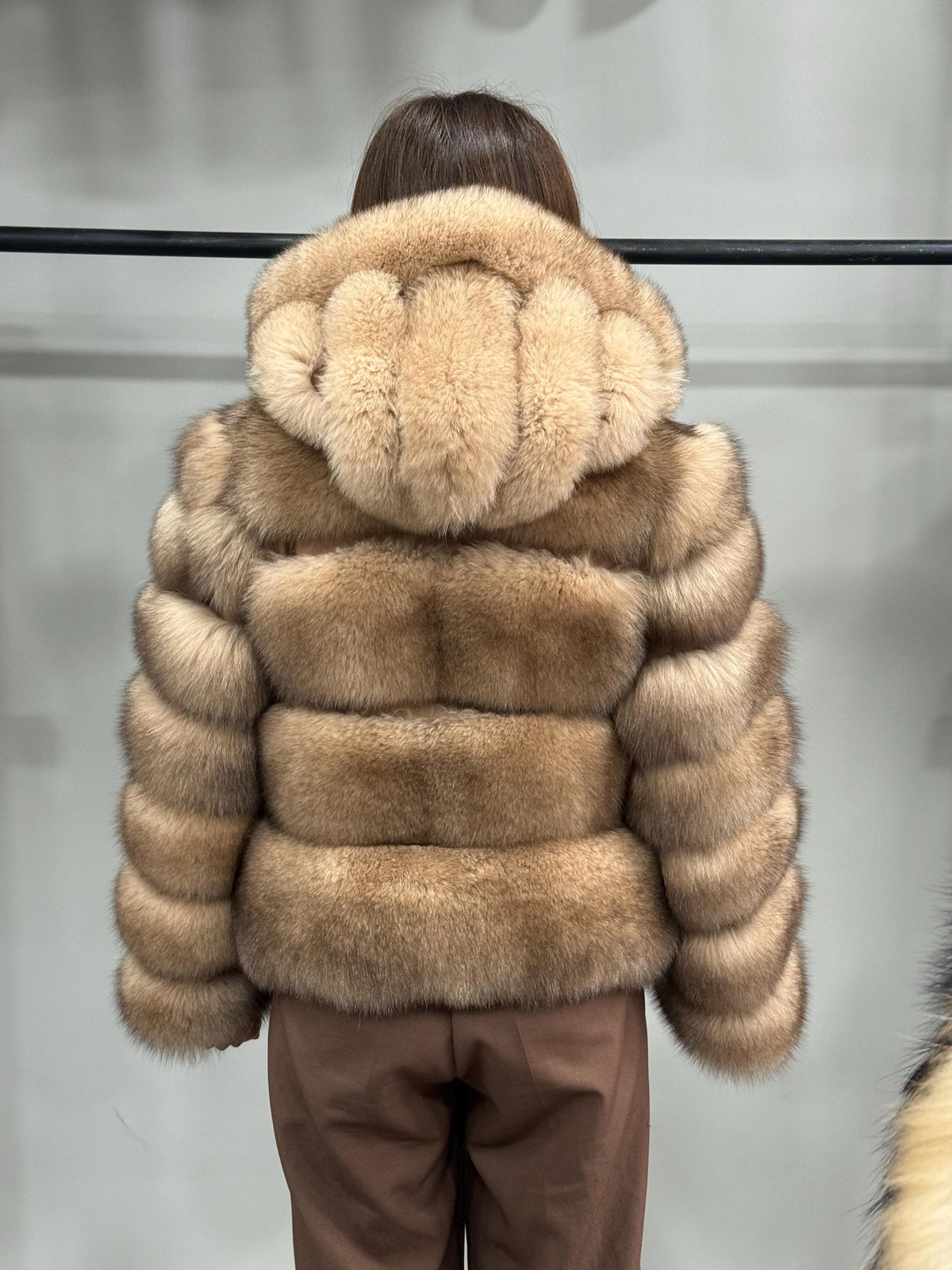 Women’s Caramel Beige Fox Fur Jacket, Luxury Hooded Short Fox Fur Coat