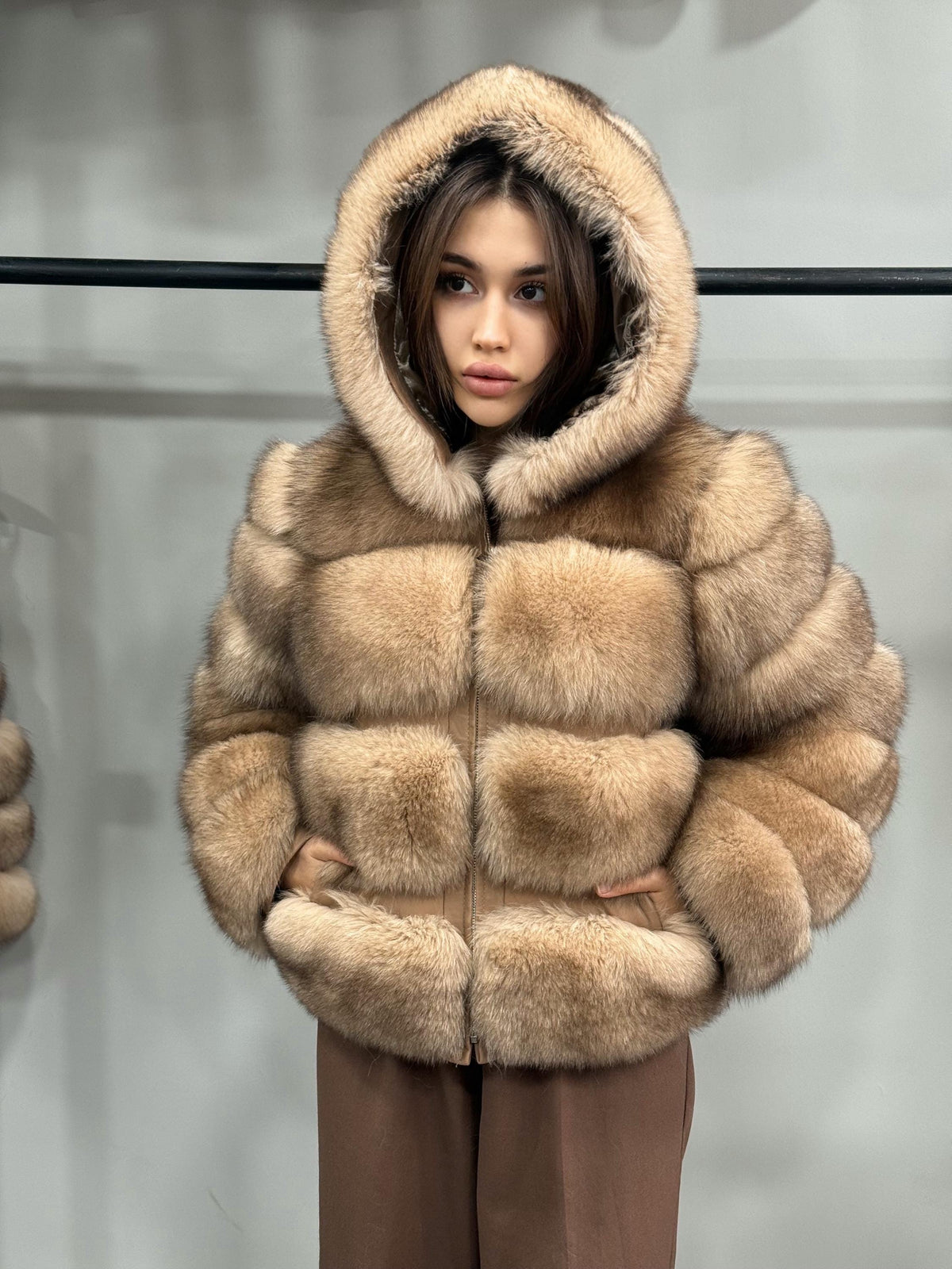 Women’s Caramel Beige Fox Fur Jacket, Luxury Hooded Short Fox Fur Coat