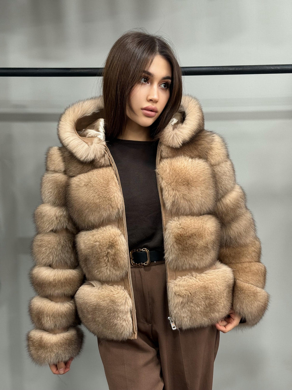 Women’s Caramel Beige Fox Fur Jacket, Luxury Hooded Short Fox Fur Coat