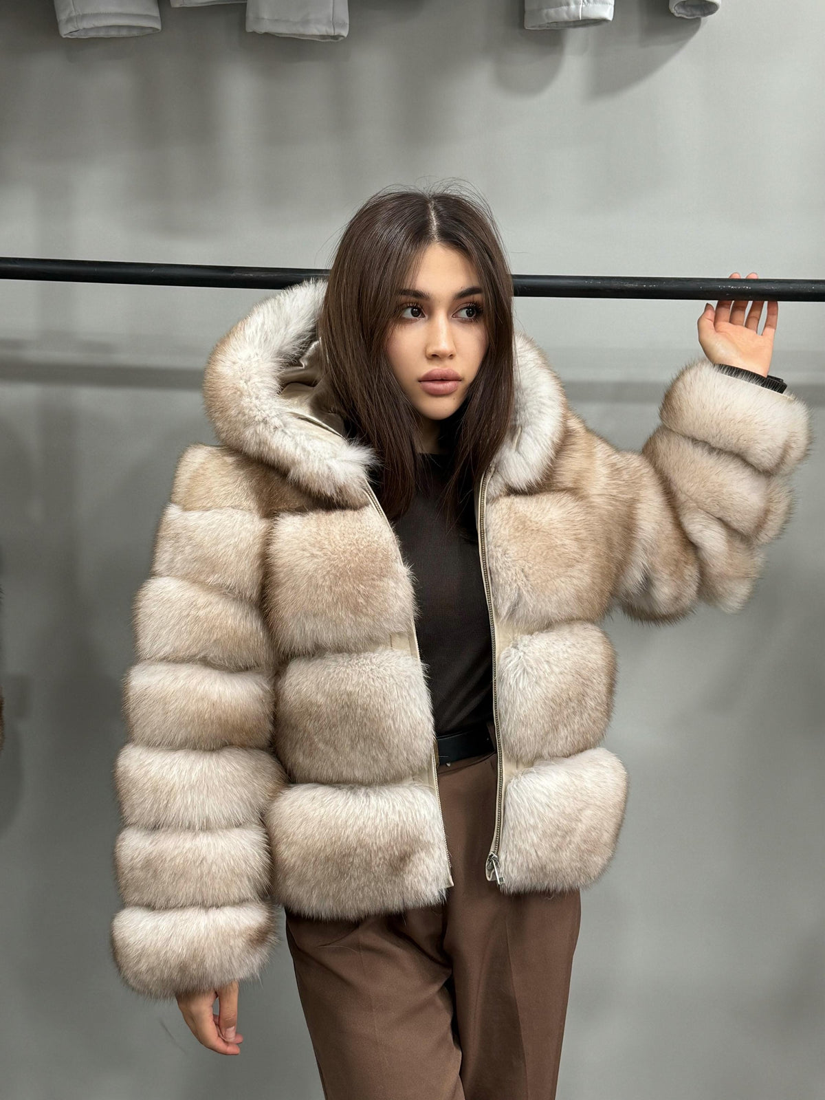 Women’s Beige Fox Fur Jacket, Luxury Hooded Short Fox Fur Coat