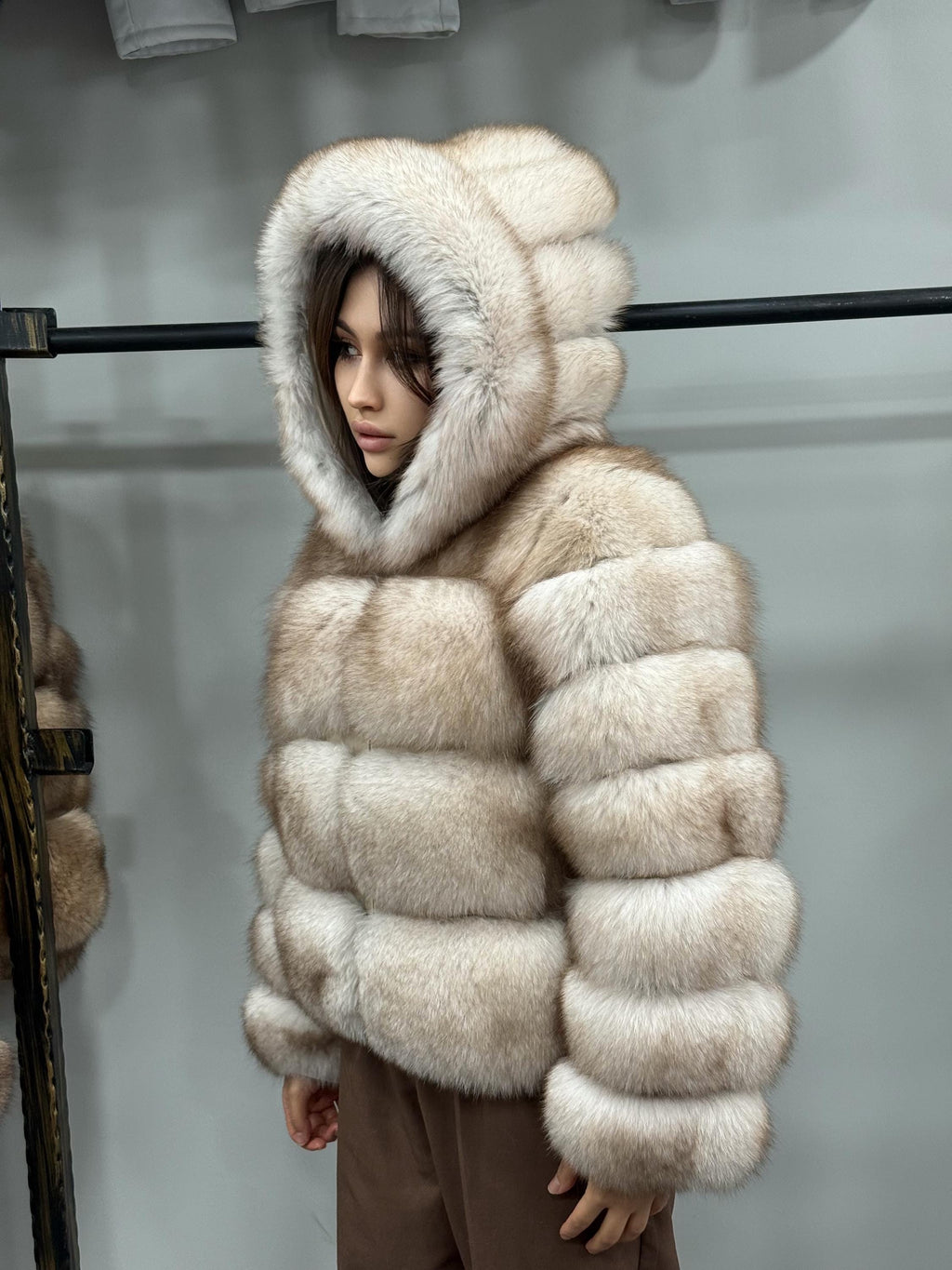 Women’s Beige Fox Fur Jacket, Luxury Hooded Short Fox Fur Coat