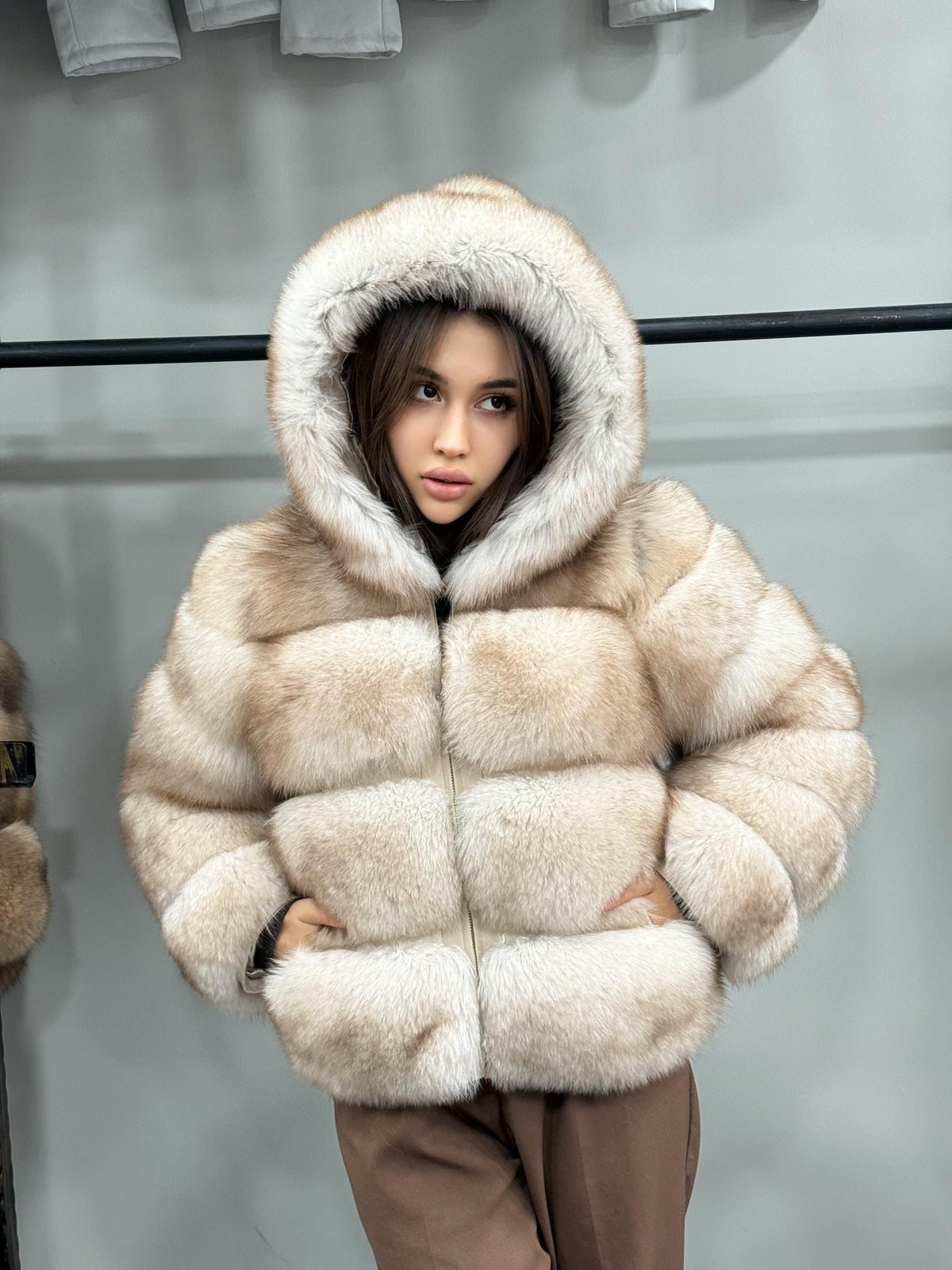 Women’s Beige Fox Fur Jacket, Luxury Hooded Short Fox Fur Coat